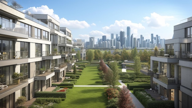 Moderne wooncomplex met een weelderige groene binnenplaats en de skyline van de stad op de achtergrond