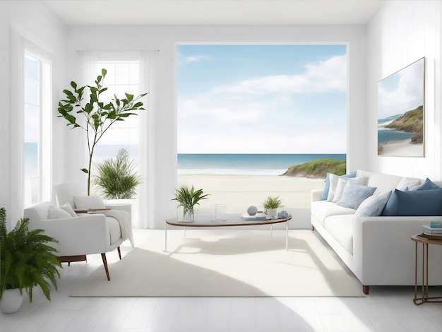 Moderne woonkamer bij de zee Generatieve AI illustratie