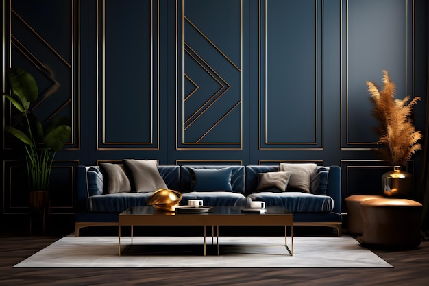 Moderne woonkamer blauw met goud en moderne meubels ai genereren