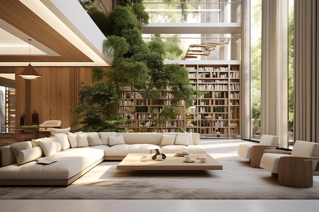 Moderne woonkamer en binnentuin Minimaal elegant interieur
