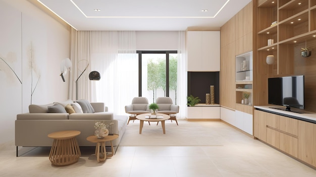 moderne woonkamer in witte en houtkleuren nordic luxe huis Generative AI