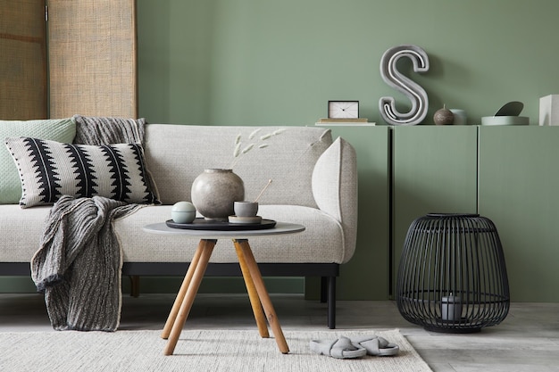 Moderne woonkamer interieur compositie met grijze moderne bank eucalyptus houten commode kamerscherm en moderne woonaccessoires Salie groene muur Home enscenering sjabloon kopie ruimte