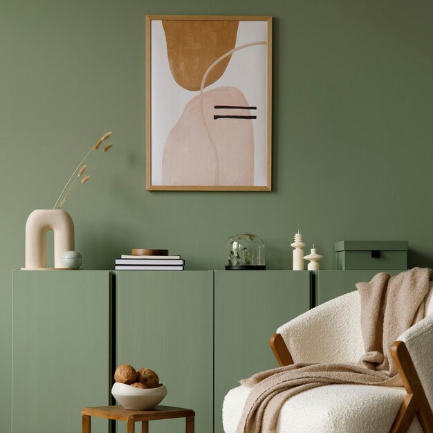 Moderne woonkamer interieur compositie met mock up poster frame frotte fauteuil houten commode en moderne woonaccessoires Eucalyptus muur sjabloon kopie ruimte echte foto