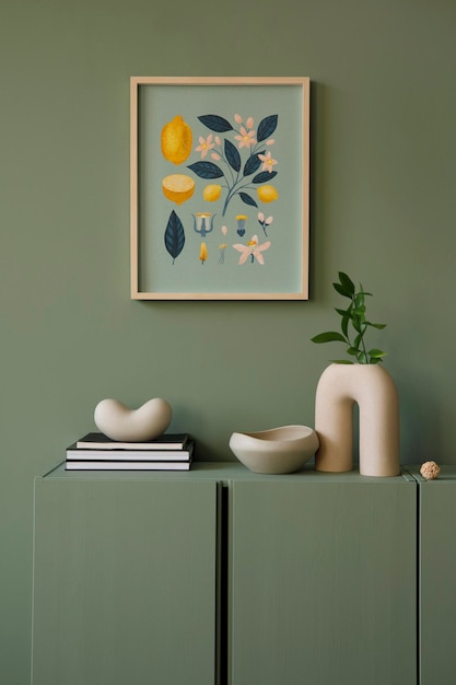 Moderne woonkamer interieur compositie met mockup poster frmae en moderne woondecoraties en persoonlijke accessoires op de eucalyptus houten commode Eucalyptus muur sjabloon Copy spacexA