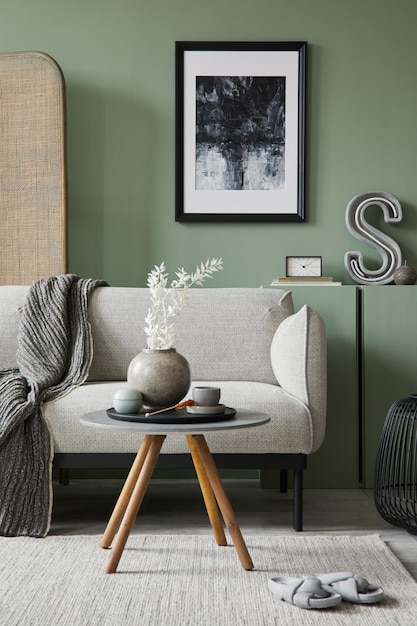 Moderne woonkamer interieur compositie met mockup posterframe grijze moderne bank kamerscherm en moderne woonaccessoires Groene muur Home staging Sjabloon Kopieer ruimte