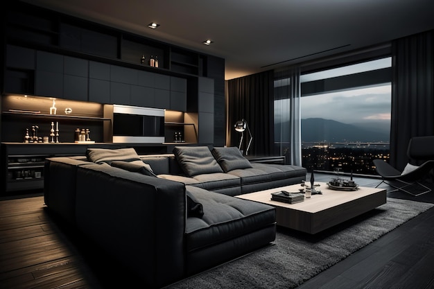 Moderne woonkamer interieur in appartement donkergrijs ontwerp's nachts