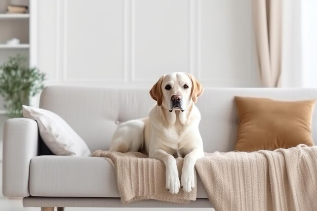 Moderne woonkamer interieur Leuke Golden Labrador Retriever bij de bank Generatieve AI