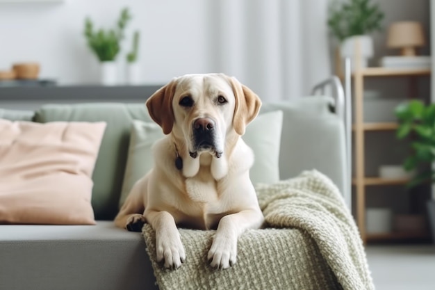 Moderne woonkamer interieur Leuke Golden Labrador Retriever bij de bank Generatieve AI