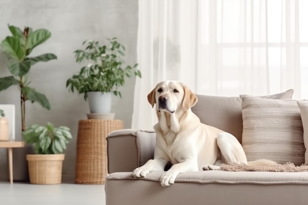 Moderne woonkamer interieur Leuke Golden Labrador Retriever bij de bank Generatieve AI