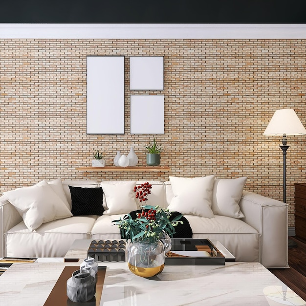 Moderne woonkamer interieur met drie fotolijstjes mockup, bakstenen textuur achtergrond, sofa