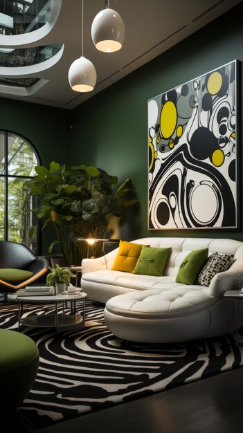 Foto moderne woonkamer interieur met groene muren witte bank en zebra print tapijt