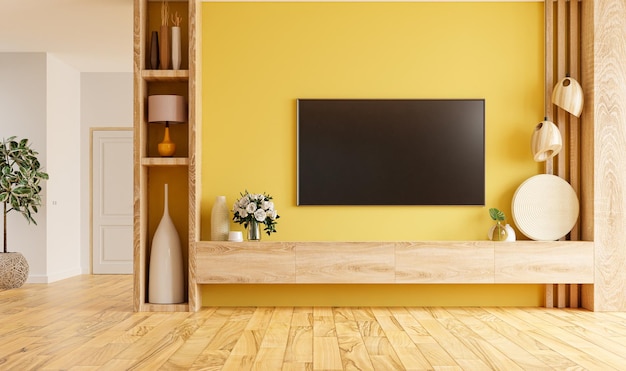 Moderne woonkamer interieur met plank voor TV op gele kleur muur background.3d rendering