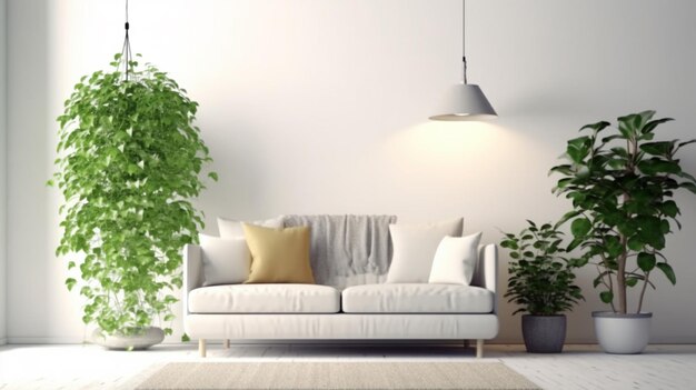 Moderne woonkamer interieur met sofa en groene planten lamp tafel op witte muur achtergrond