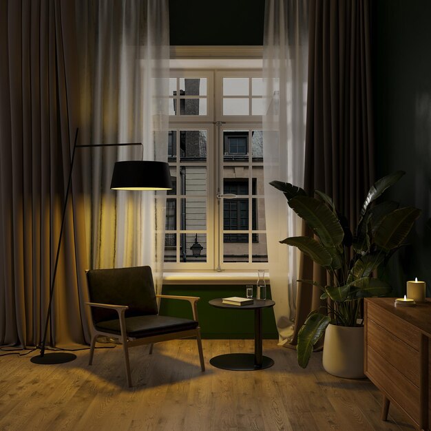 Moderne woonkamer interieur 's nachts met lamp lichte stoel met salontafel en vloerlamp grote plant in pot groene muur met zonlicht en gordijnen 3d-rendering