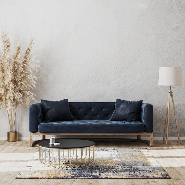 Foto moderne woonkamer luxe interieur mock up met donkerblauwe sofa
