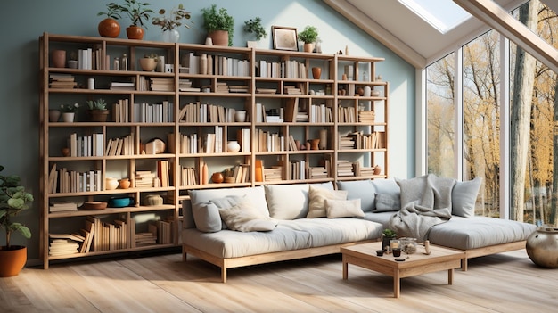 moderne woonkamer met bank, houten vloer en boeken