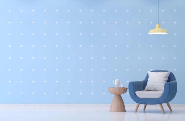 moderne woonkamer met blauw en wit stippen behang 3d render ingericht met blauwe fauteuil