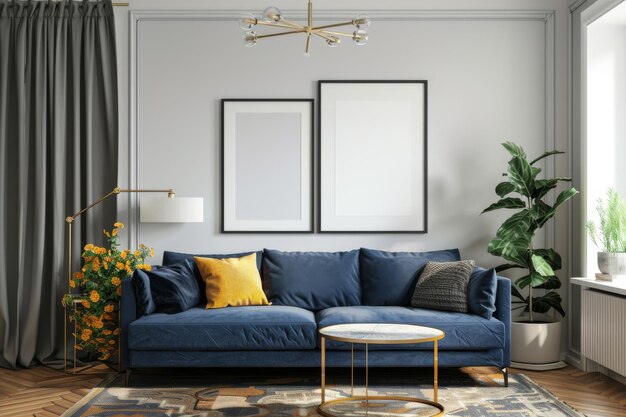 Moderne woonkamer met blauwe bank en muurkunst mockup poster frame Generatieve AI