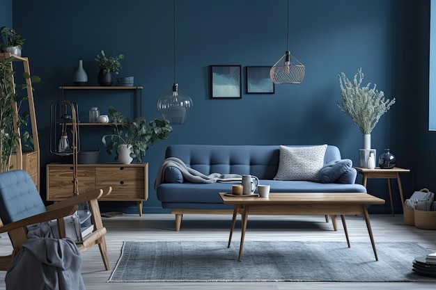 Moderne woonkamer met blauwe muren en meubels Generatieve AI