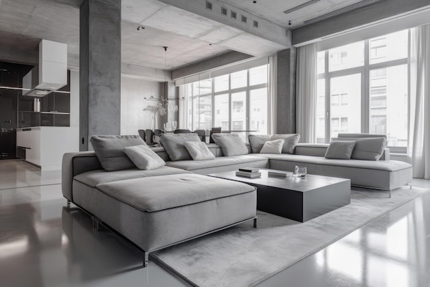 Moderne woonkamer met een comfortabele bank en strakke salontafel Generative AI