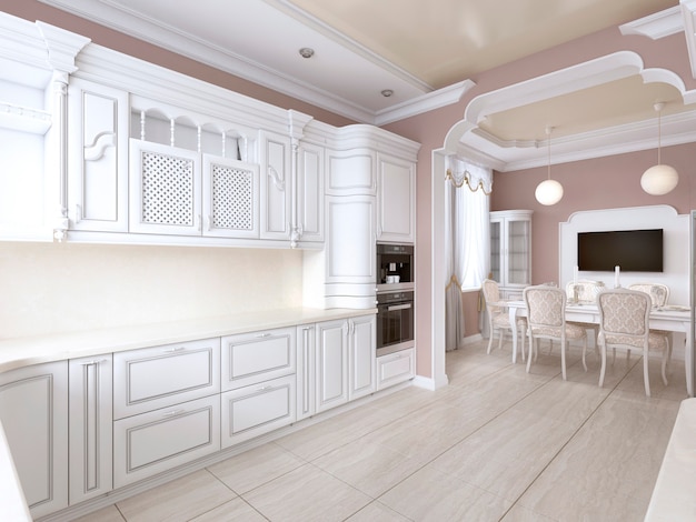 Moderne woonkamer met een grote hoekbank op de massandra in bordeaux en wit. 3D-weergave.