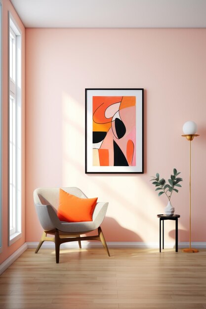 Moderne woonkamer met een perzikkleurige muur en een schilderij in expressionistisch stijl