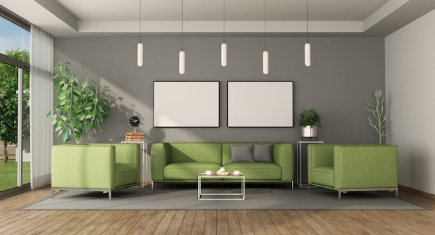 Moderne woonkamer met groene bank en fauteuils