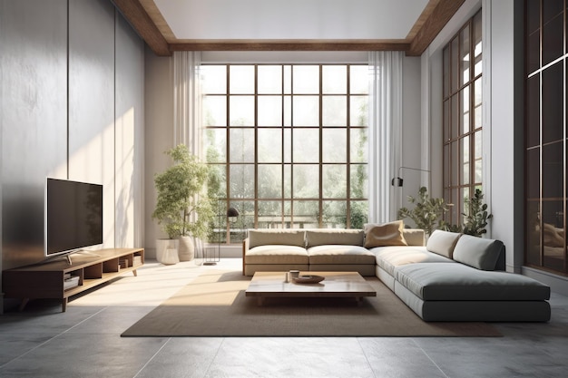 Moderne woonkamer met groot raam en comfortabele bank Generative AI