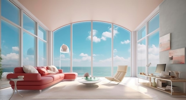 moderne woonkamer met hemelsblauwe en beige surrealistische zeegezichten achtergrond
