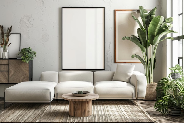 Moderne woonkamer met lege ingelijste poster op de muur Mock up poster frame Concept interieurontwerp