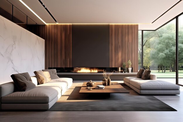 Foto moderne woonkamer met marmeren muur en een houten open haard goed natuurlijk licht
