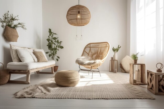 Moderne woonkamer met minimalistische inrichting en een knus vloerkleed Generative AI