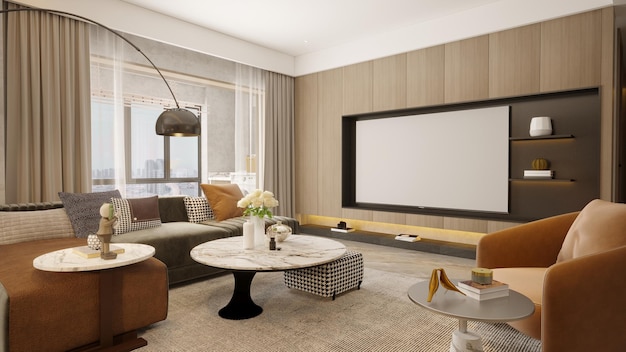 moderne woonkamer met open haard leeg tv-scherm voor het maken van mockup