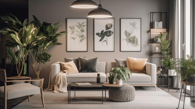 Moderne woonkamer met planten Illustratie AI GenerativexA