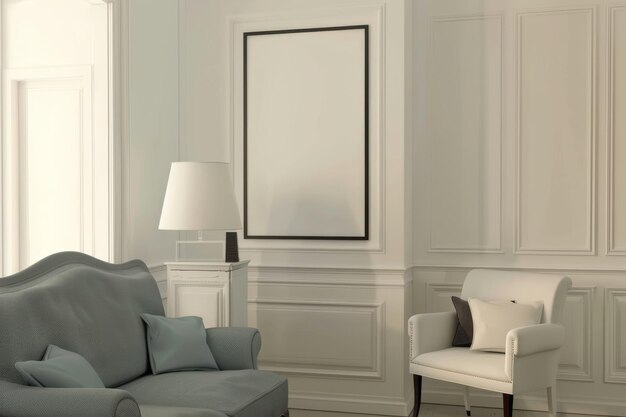 Moderne woonkamer met stoelen en bank mock-up poster frame Generatieve AI
