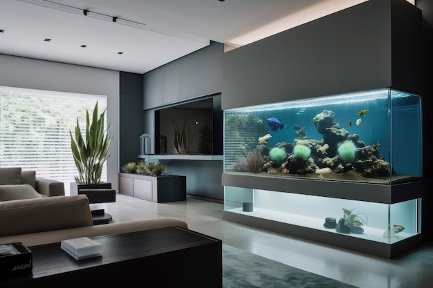 Moderne woonkamer met strakke meubels en aquarium in de muur verwerkt