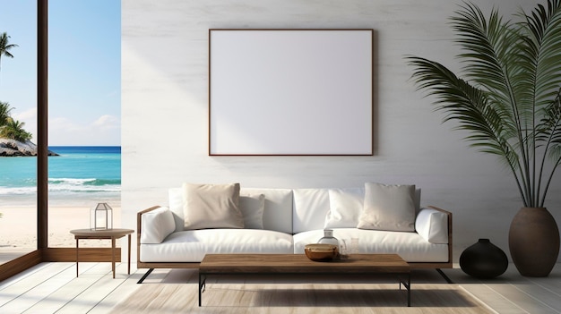 Moderne woonkamer met uitzicht op de oceaan ai gegenereerde frame mockup woonkamer Grote witte lege poster muur reclame mock up Hedendaagse concept compositie front view showcase interieur kopieerruimte