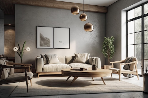 Moderne woonkamer met veel natuurlijke lichtinval en eigentijds meubilair Generatieve AI