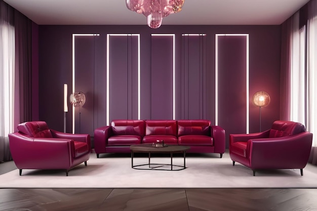 Foto moderne woonkamer met violet licht en rood lichtverlichting