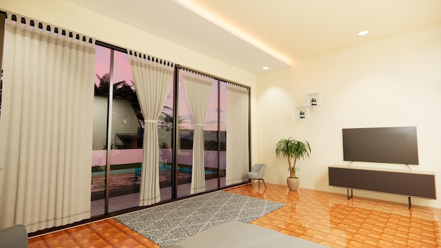 Moderne woonkamer of slaapkamer met uitzicht op het zwembad 's nachts 3D-rendering