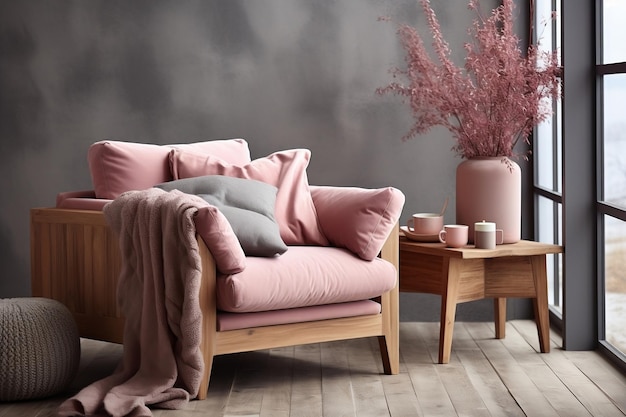 Moderne woonkamer roze fauteuil met kussens en plaids AI