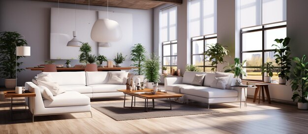 Moderne woonkamerinterieur met bank en planten