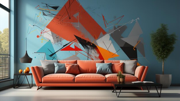 Moderne woonkamerinterieur met kleurrijke abstracte schilderijen aan de muur