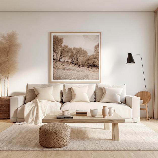 Moderne woonkamerinterieur met neutrale kleuren en natuurlijke texturen