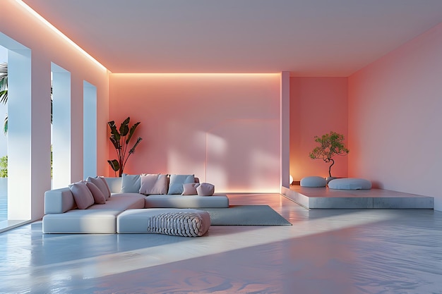 Moderne woonkamerinterieur met witte meubels en roze neonverlichting