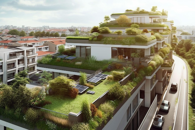 Moderne woonwijk met groen dak en balkon