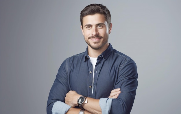 Moderne zakenman jonge man in denim shirt met smartwatch