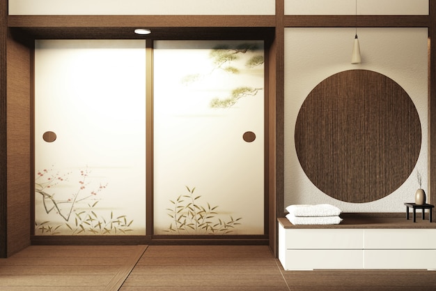 Moderne zen rustige kamer. Japan-stijl 3D-rendering