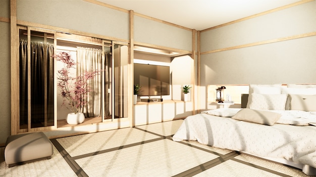 Moderne zen rustige slaapkamer. slaapkamer in japan-stijl met plankwandontwerp verborgen licht en decoratie nihon-stijl. 3d-rendering