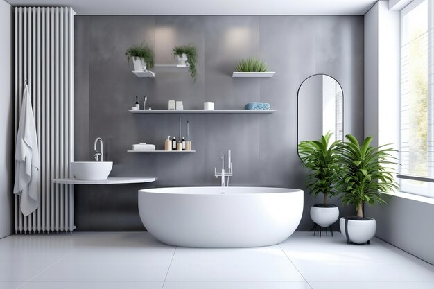 Moderne zolderbadkamer met wit ovaal bad, chromen douchekop en met marmeren vloer Ai gegenereerd